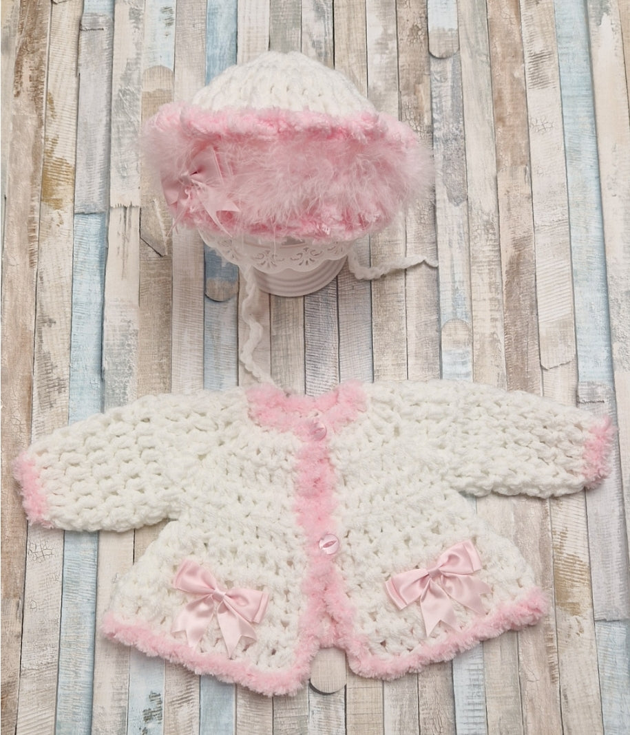 Baby Girls Hand Crochet Cardigan And Bonnet