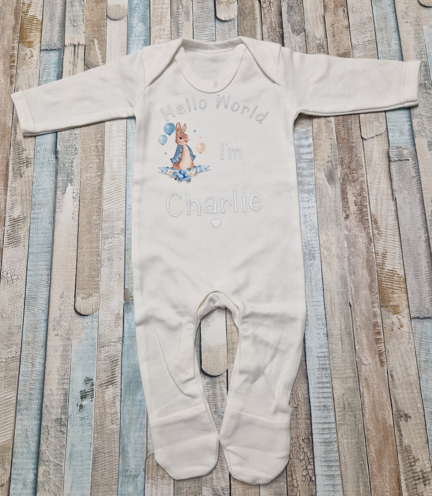 Baby Boys Newborn White Personalised Babygro With Printed Hello World Blue Rabbit
