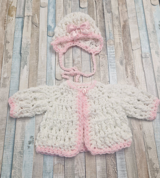 Baby Girls Hand Crochet Cardigan And Bonnet