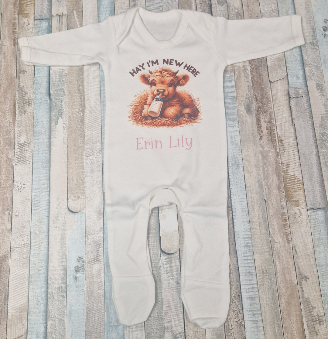 Personalised Baby Highland Cow Hay Im New Here Printed Newborn Babygro
