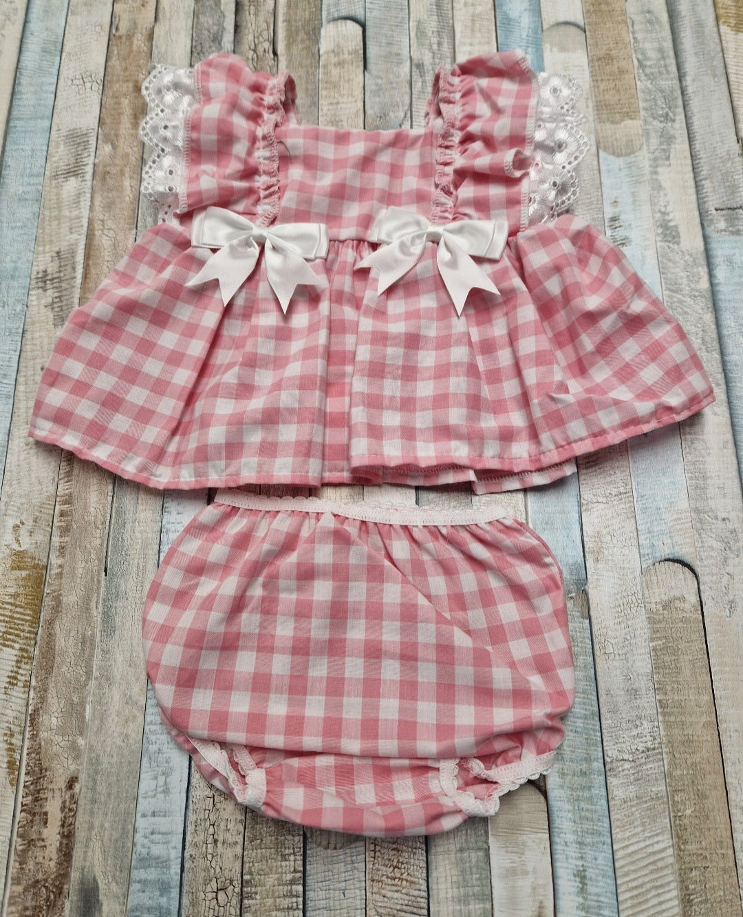 Baby Girls Pink And White Gingham Checked Dress And Pants