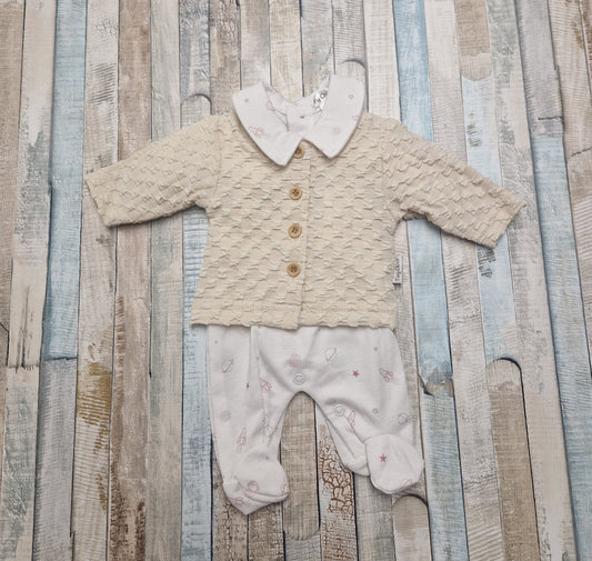 Premature Baby Boys Beige And White Space Design Babygro And Cardigan Set