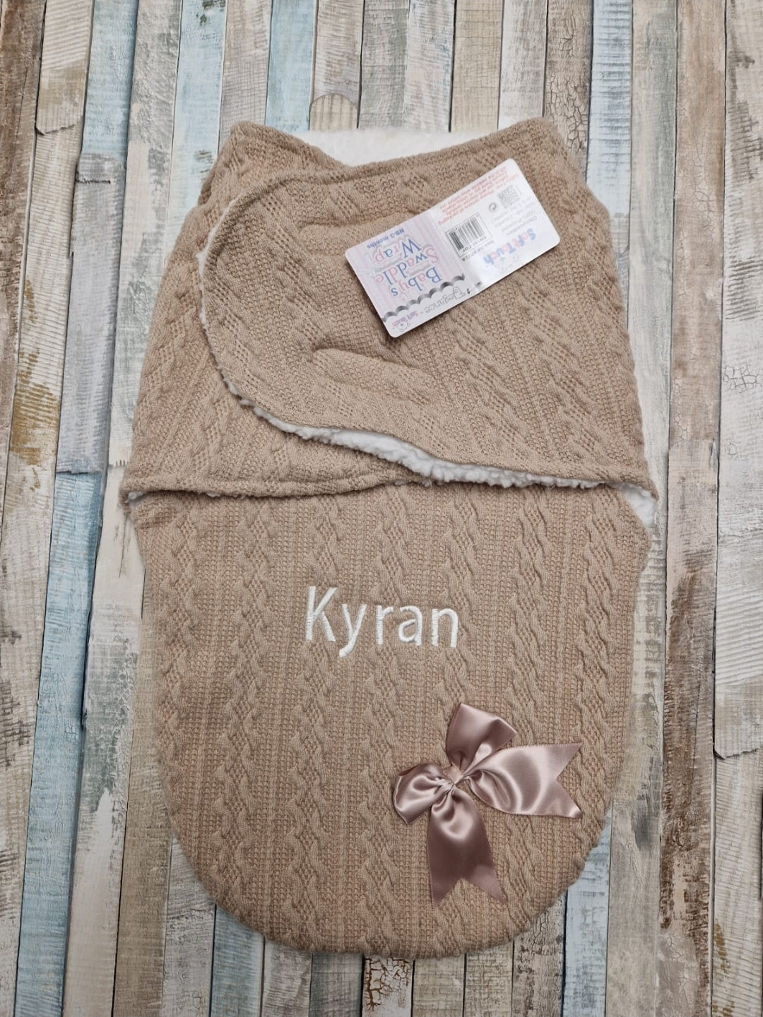 Personalised Unisex Baby Beige New Cable Style Swaddle With Satin Bow