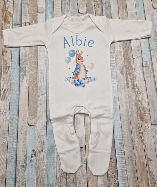 Baby Boy Personalised White Printed Blue Rabbit Babygro