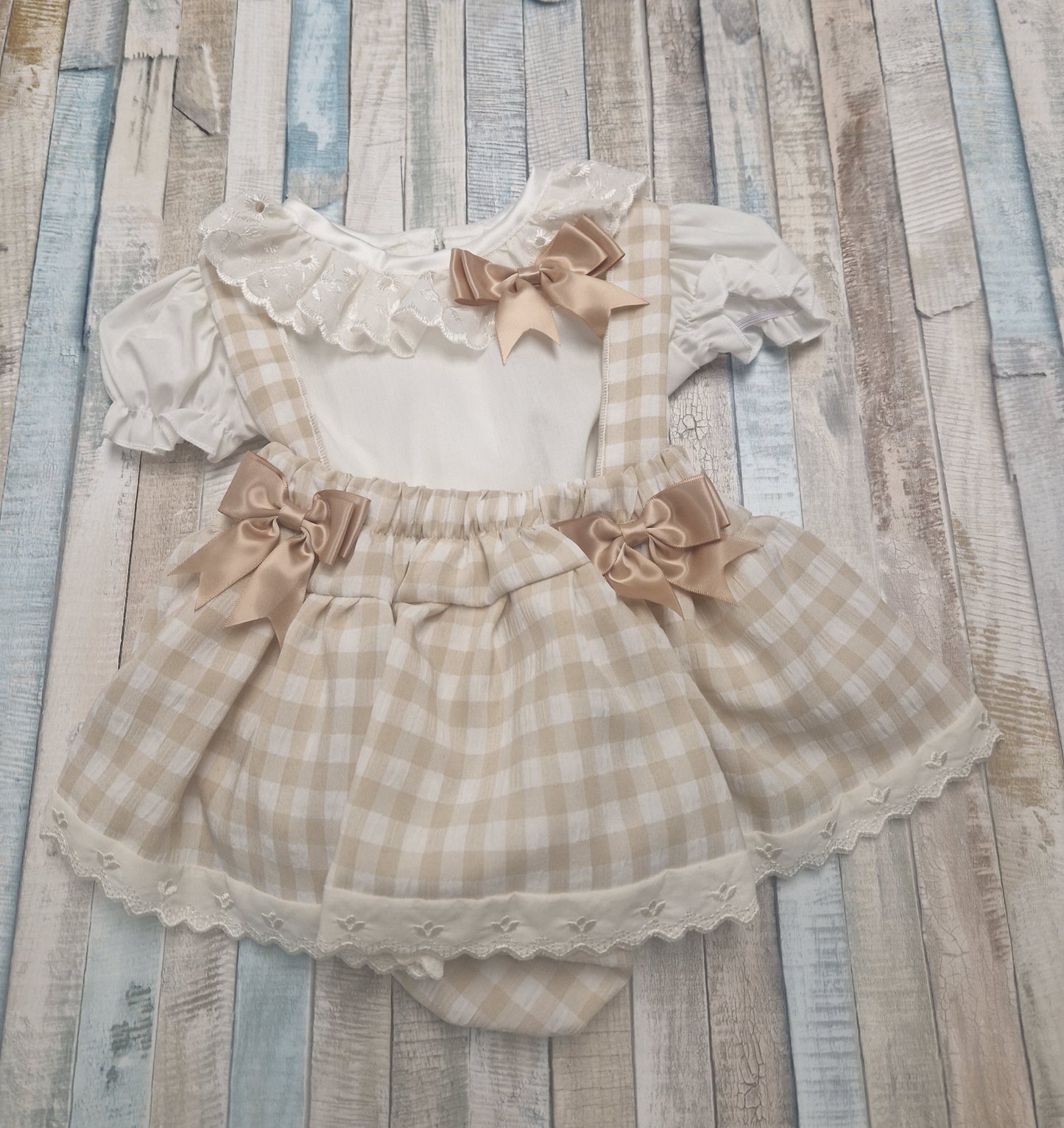 Baby Girls Beige And Cream Checked Dungaree Romper And Blouse