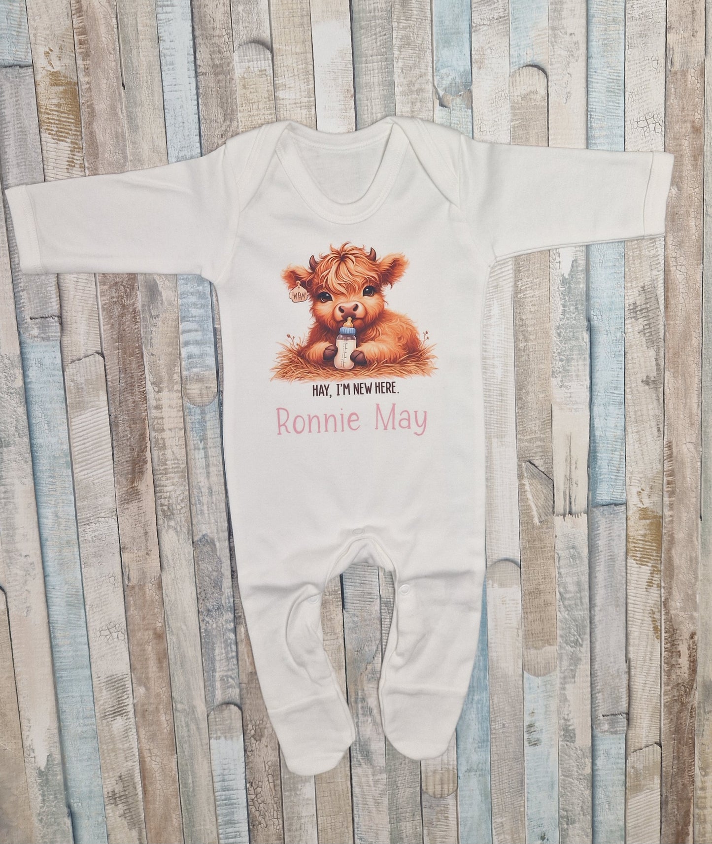 Personalised Baby Highland Cow Hay Im New Here Printed Newborn Babygro