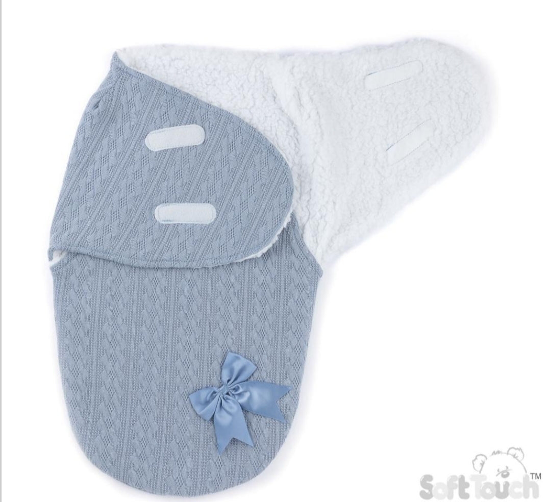 Baby Boys Dusky Blue New Cable Style Swaddle With Satin Bow