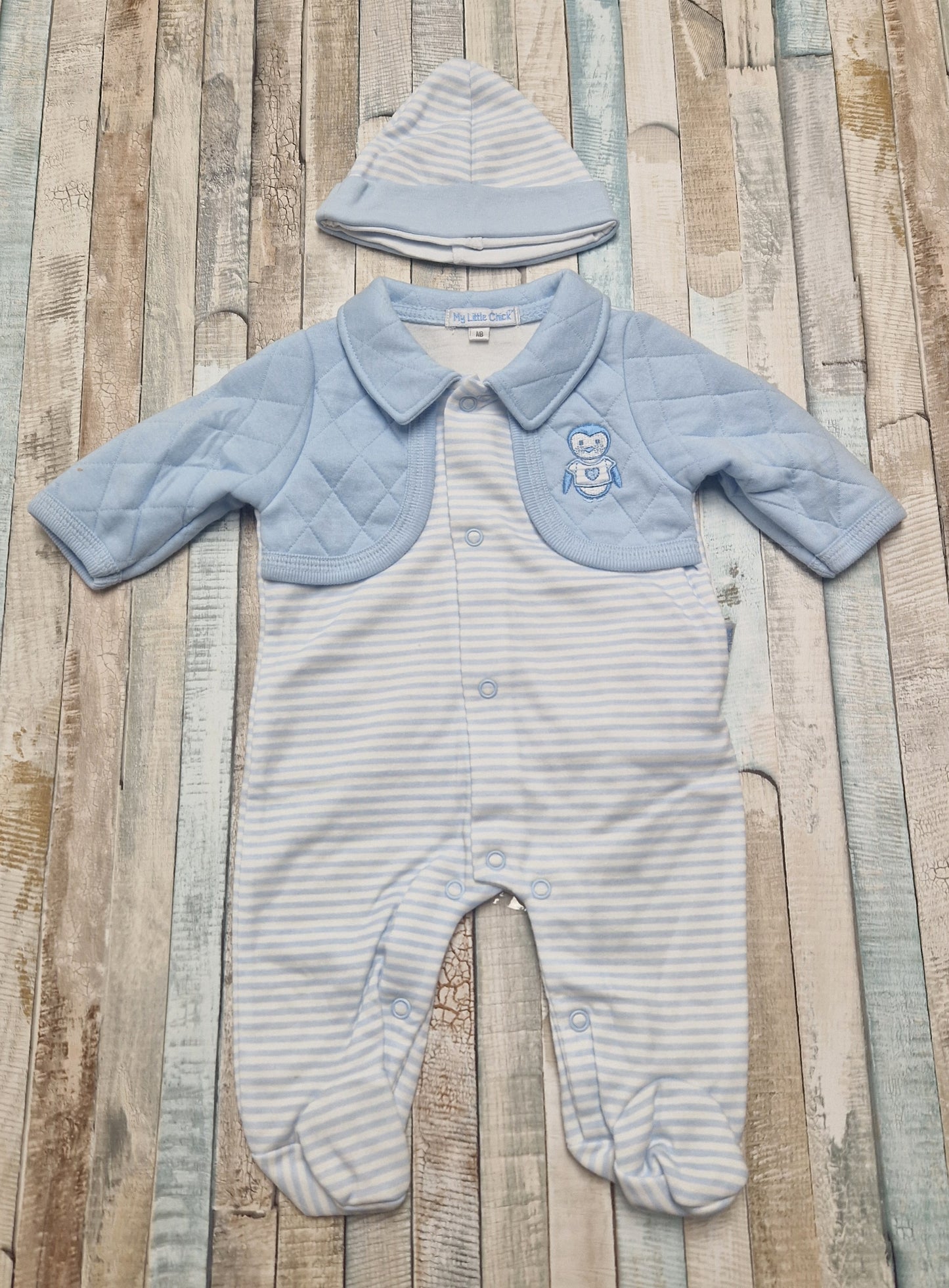 Baby Boys Blue And White Stripe Penguin Babygro Faux Cardigan Set With Hat