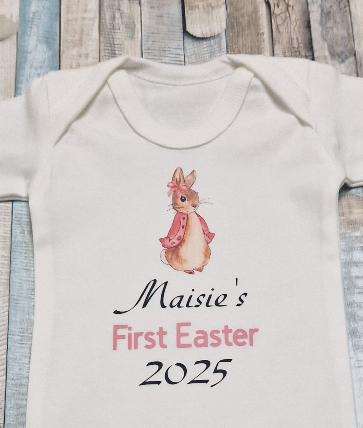 Baby Girls Newborn White Personalised First Easter Babygro With Printed Pink Rabbit