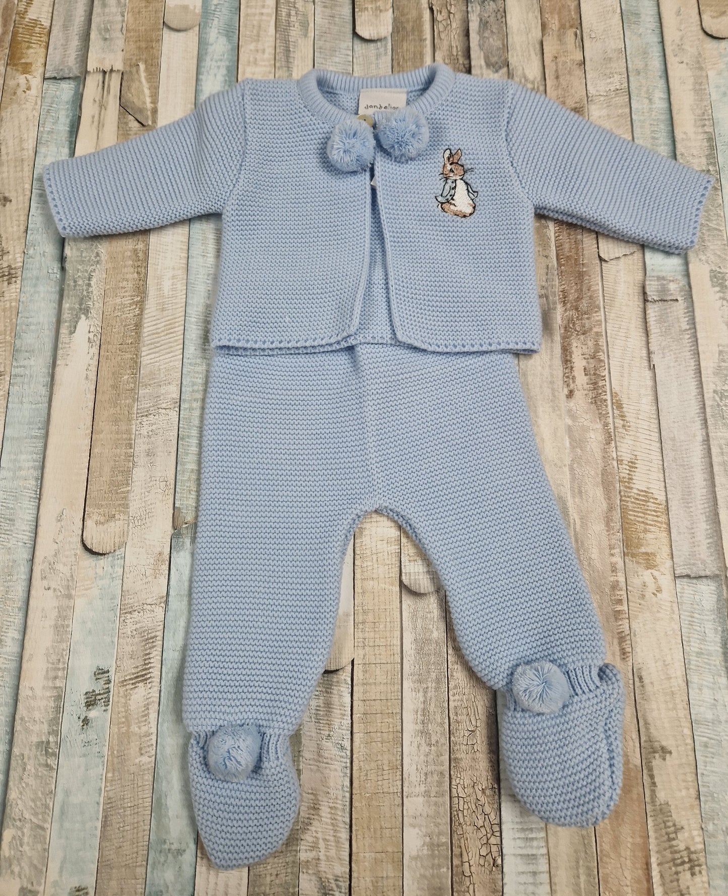 Baby Boys Blue Knitted Pom Pom Set With Embroidered Rabbit Design