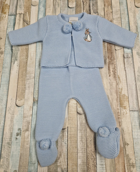 Baby Boys Blue Knitted Pom Pom Set With Embroidered Rabbit Design
