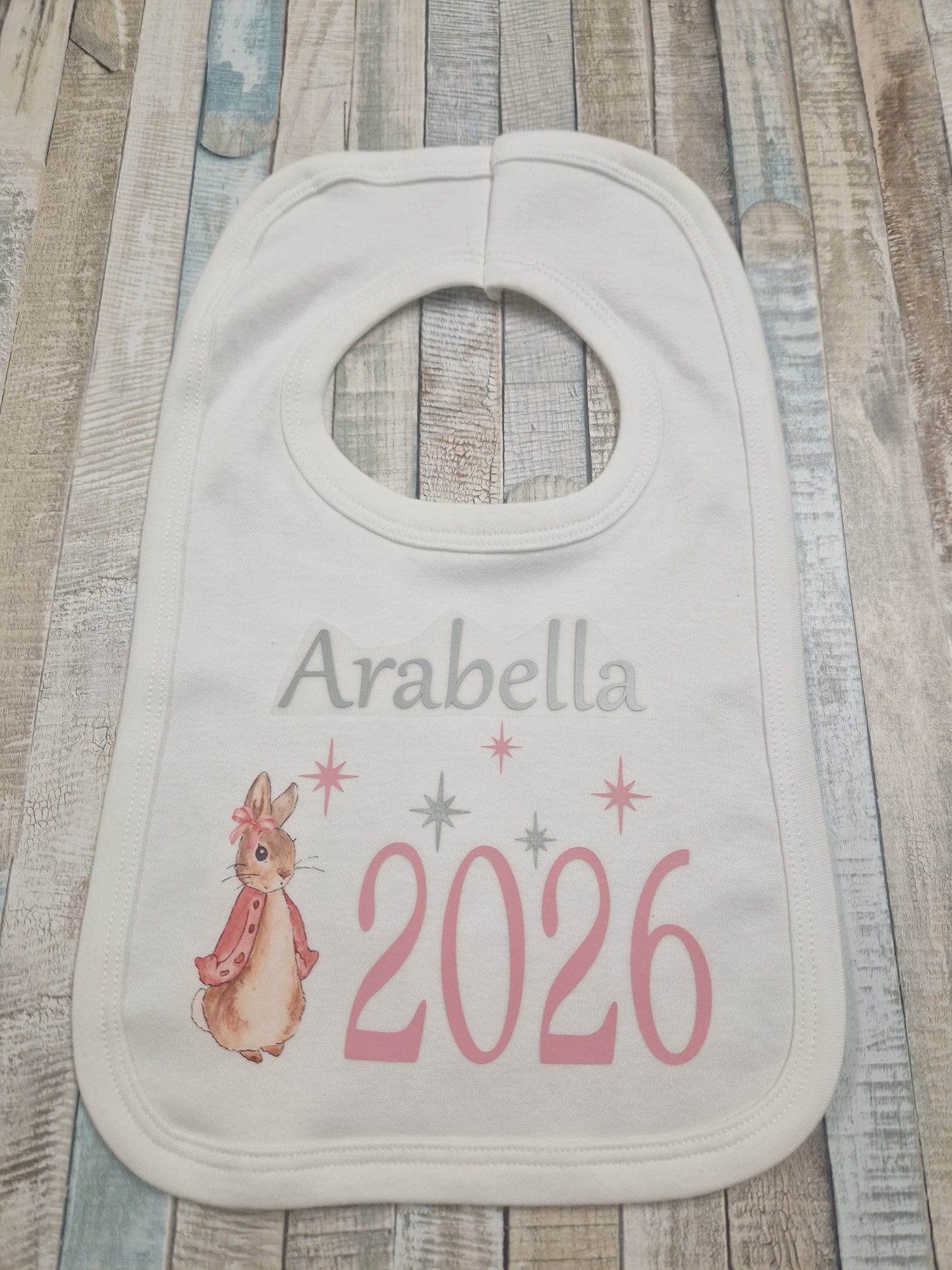 Personalised White Printed Bib With Pink Rabbit Year Born