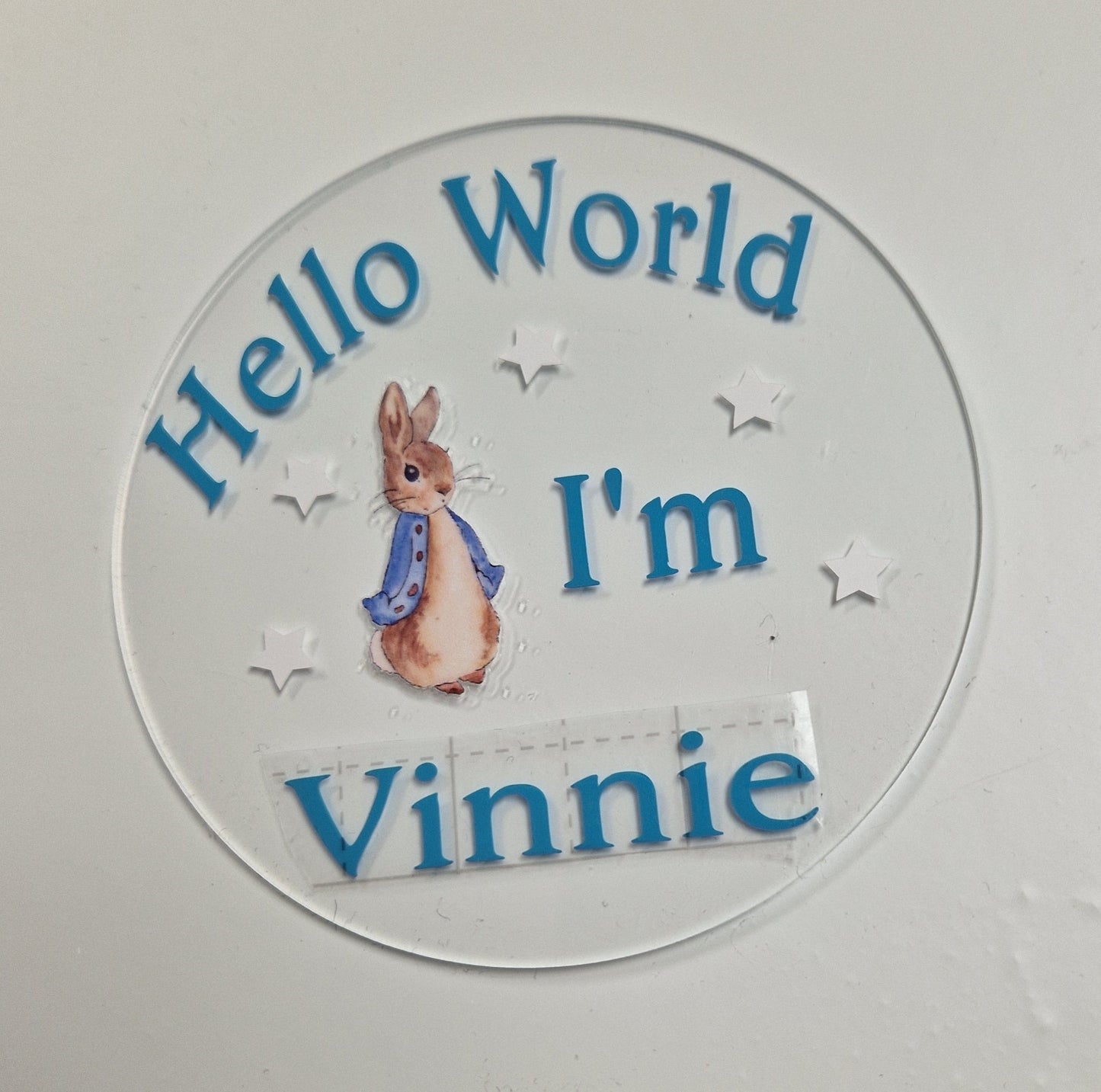 Personalised Clear Blue Rabbit Hello World Announcement Disc