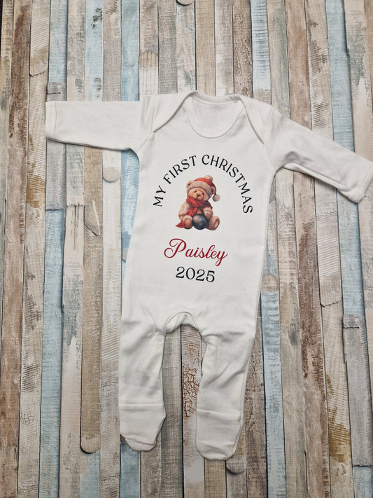 Unisex Baby 1st Christmas Personalised Teddy Printed Babygro