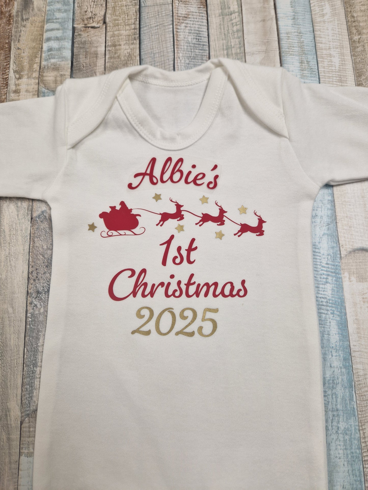 Baby's 1st Christmas Printed Personalised Santa Sleigh Babygro