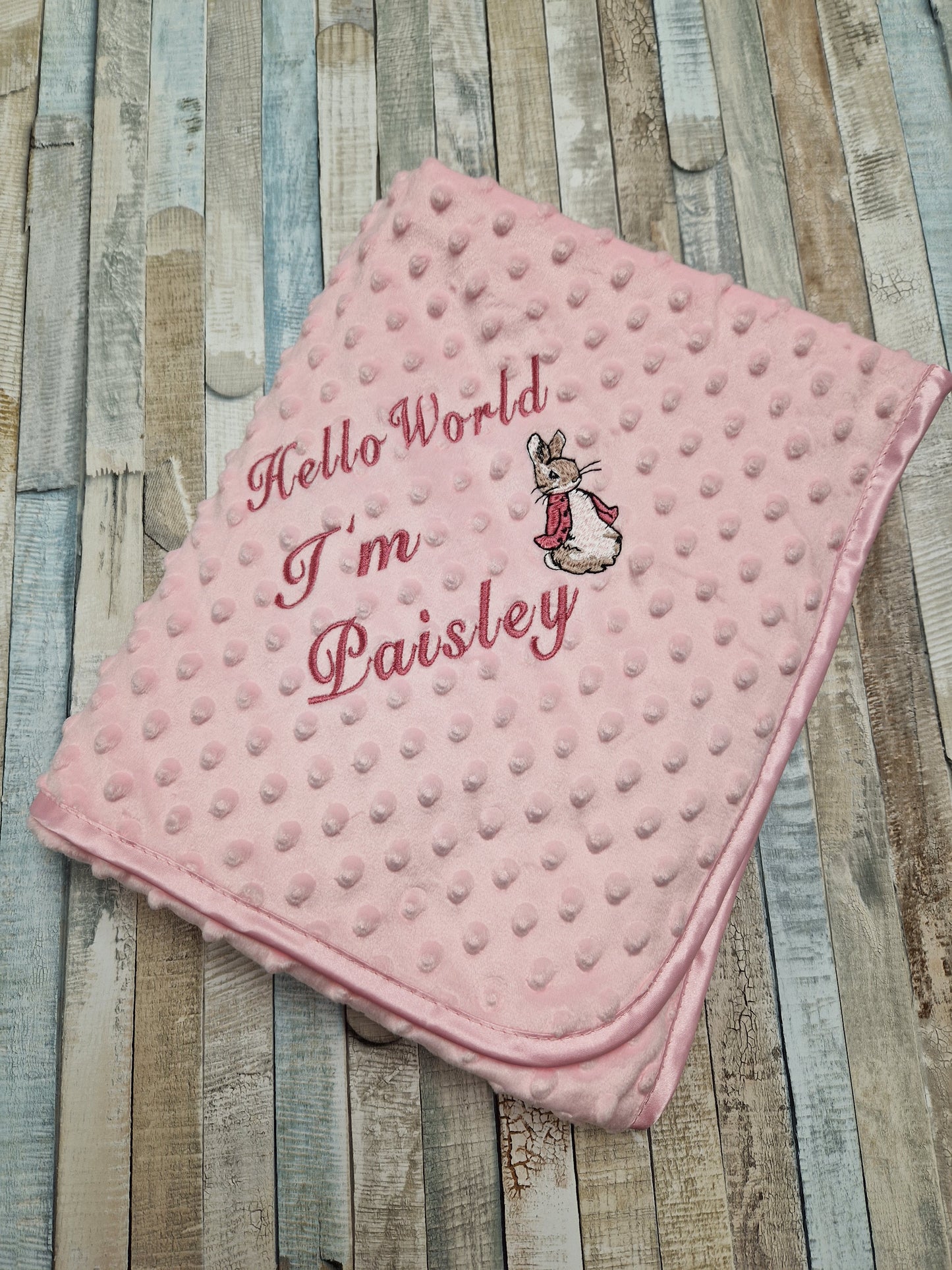 Personalised Hello World Pink Dimple Blanket/Wrap With Embroidered Pink Rabbit Design
