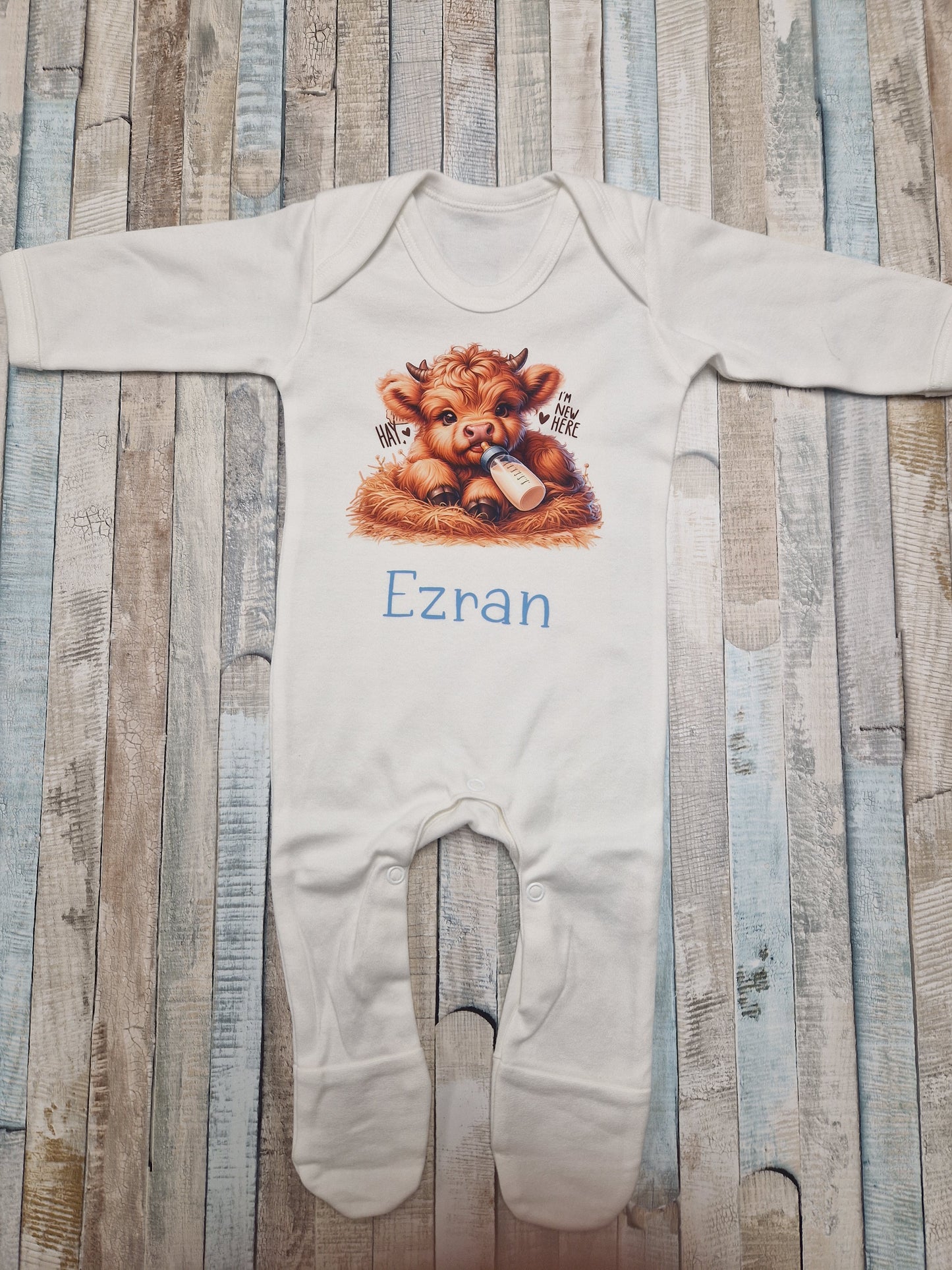 Personalised Baby Highland Cow Hay Im New Here Printed Newborn Babygro