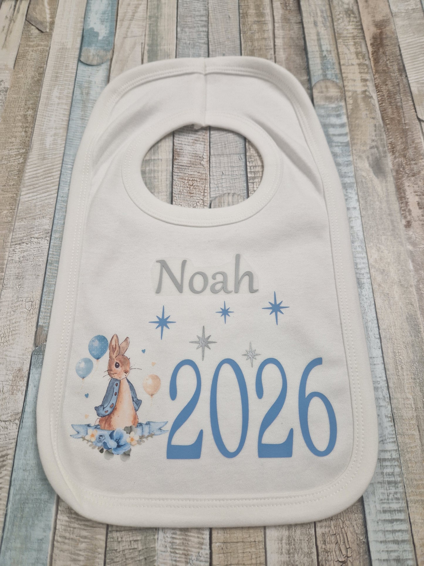 Personalised White Printed Bib With Blue Rabbit Year Born