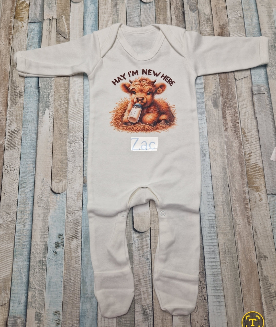 Personalised Baby Highland Cow Hay Im New Here Printed Newborn Babygro