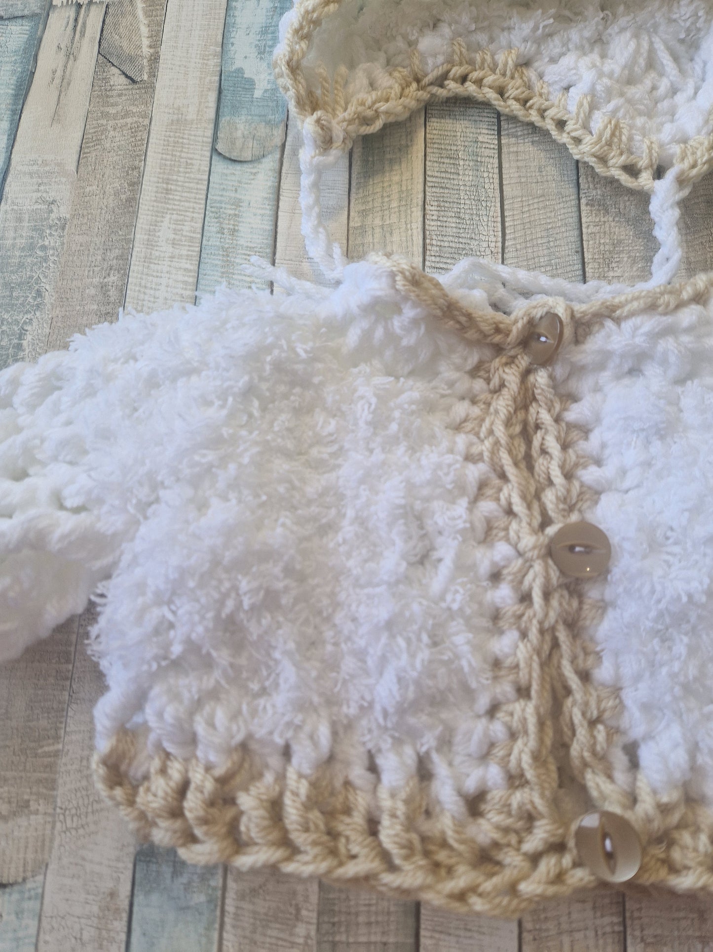 Baby Boys White And Beige Fluffy Crochet Cardigan And Pom Pom Hat