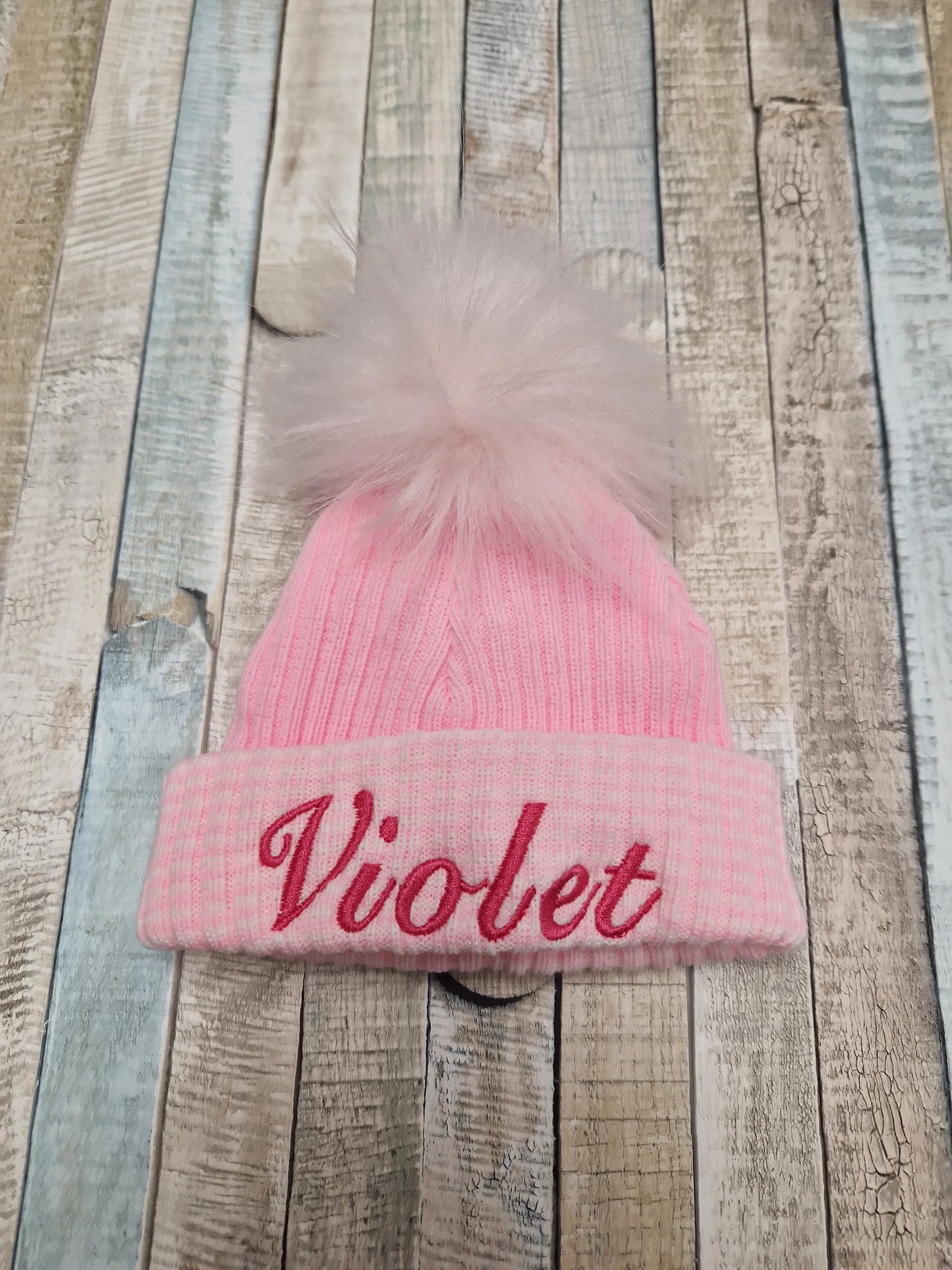 Personalised Baby First Size Ribbed Single Fluffy Faux Fur Pom Hats