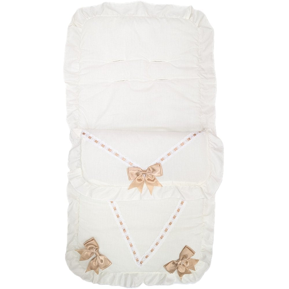 Unisex Baby Cream And Beige Broderie Anglaise Lace Trim Footmuff/Cosytoes With Satin Bows