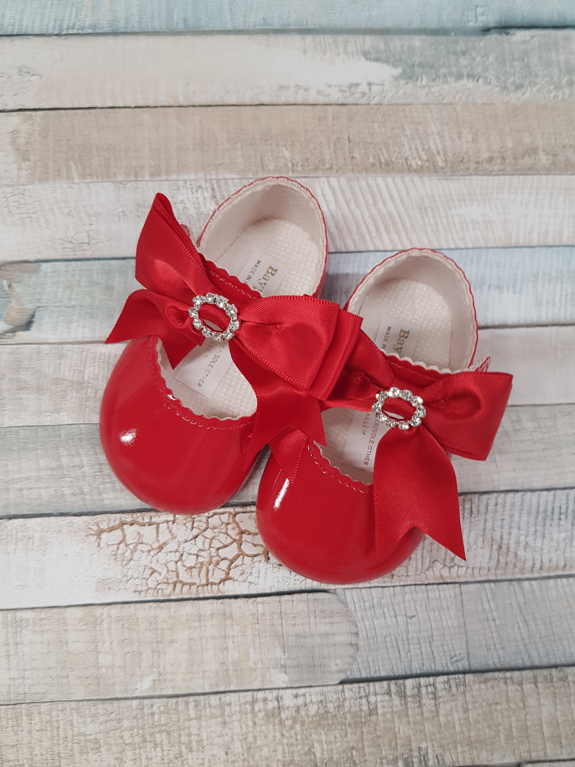 Baby Girls Red Patent Soft Bottom Diamante Pram Shoe