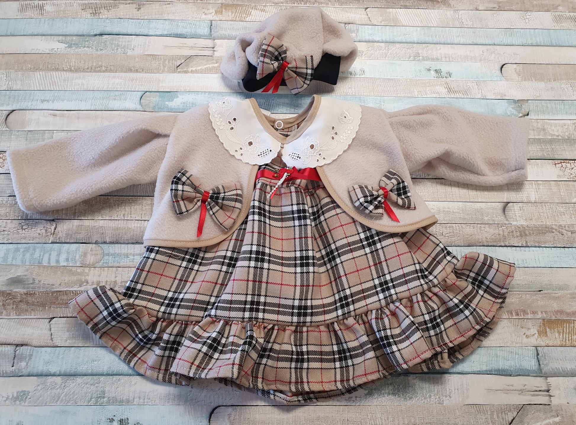Baby Girls Beige Tartan Dress With Matching Jacket & Hat