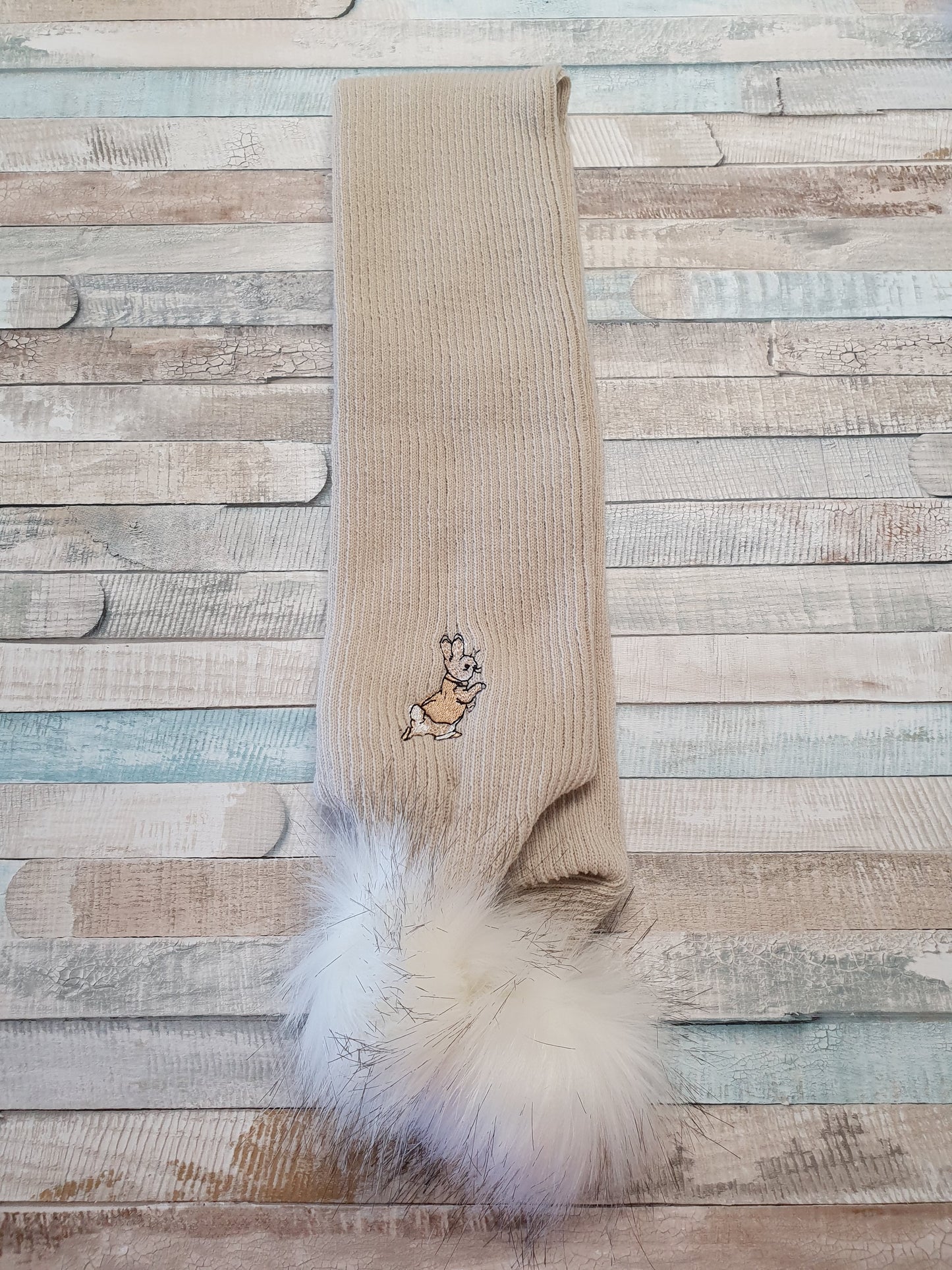 Beige Knitted Rabbit Scarf With Beige Fluffy Faux Fur Pom Pom