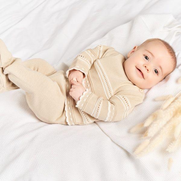 Baby Beige White Knitted Pointelle Two Piece Set