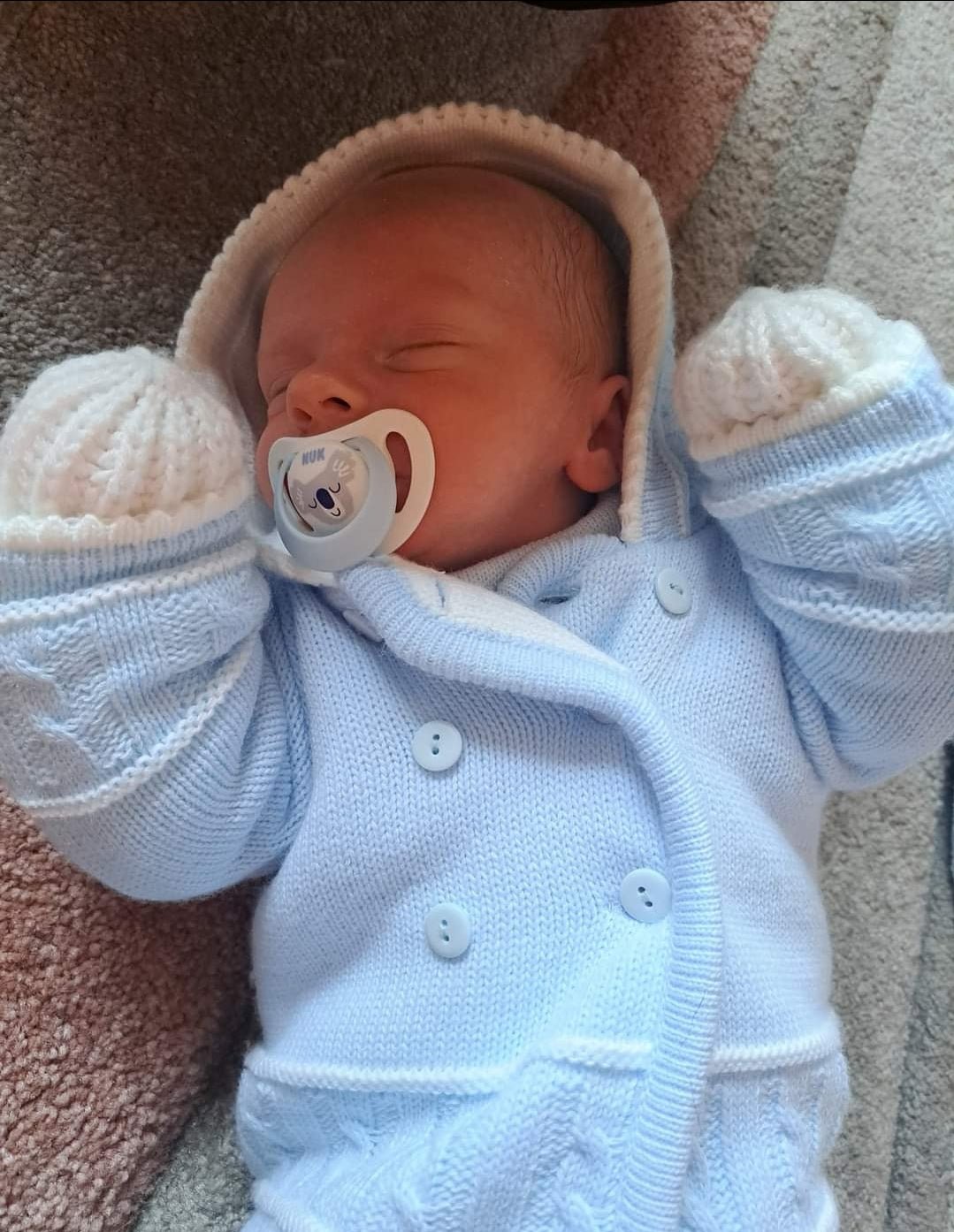 Baby Boys Blue Knitted Hooded Pram Coat - Nana B Baby & Childrenswear Boutique