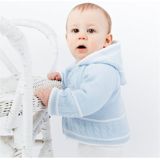 Baby Boys Blue Knitted Hooded Pram Coat - Nana B Baby & Childrenswear Boutique