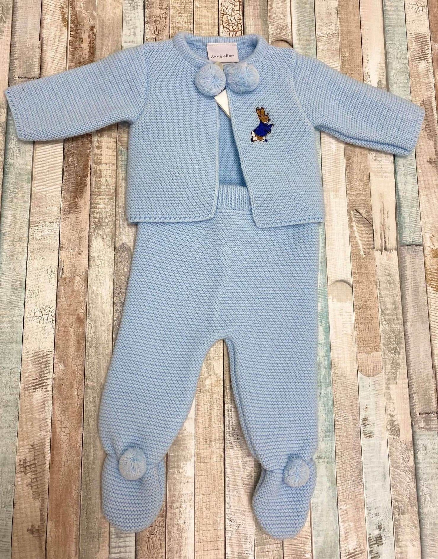 Baby Boys Blue Knitted Pom Pom Set With Embroidered Rabbit Design - Nana B Baby & Childrenswear Boutique