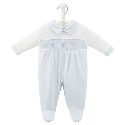 Baby Boys Blue & White Dandelion Smocked Rabbit Babygro - Nana B Baby & Childrenswear Boutique