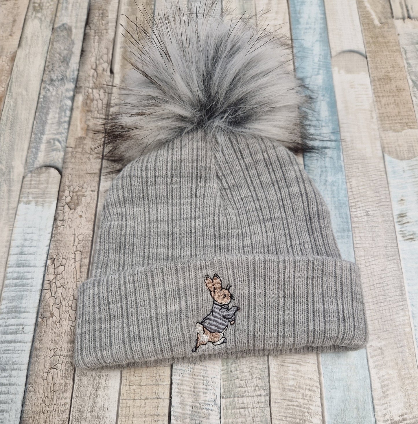 Baby Boys Knitted Grey Rabbit Fluffy Single Pom Hat - Nana B Baby & Childrenswear Boutique