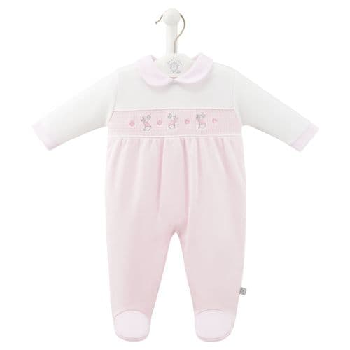 Baby Girls Pink & White Dandelion Smocked Rabbit Babygro - Nana B Baby & Childrenswear Boutique