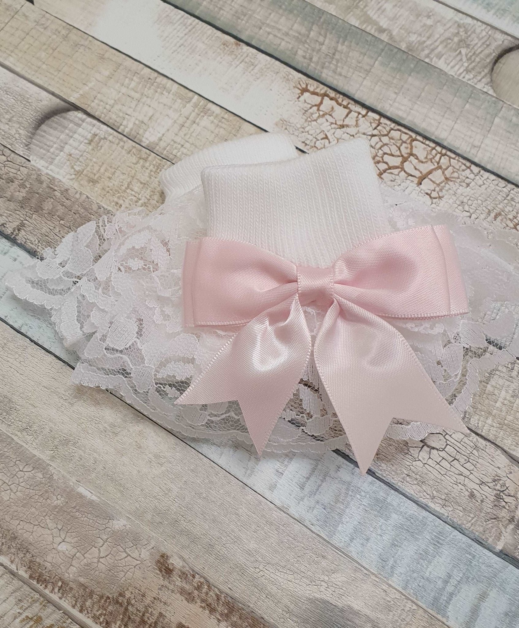 Baby Girls White Frilly Lace Ankle Socks With Pink Ribbon - Nana B Baby & Childrenswear Boutique