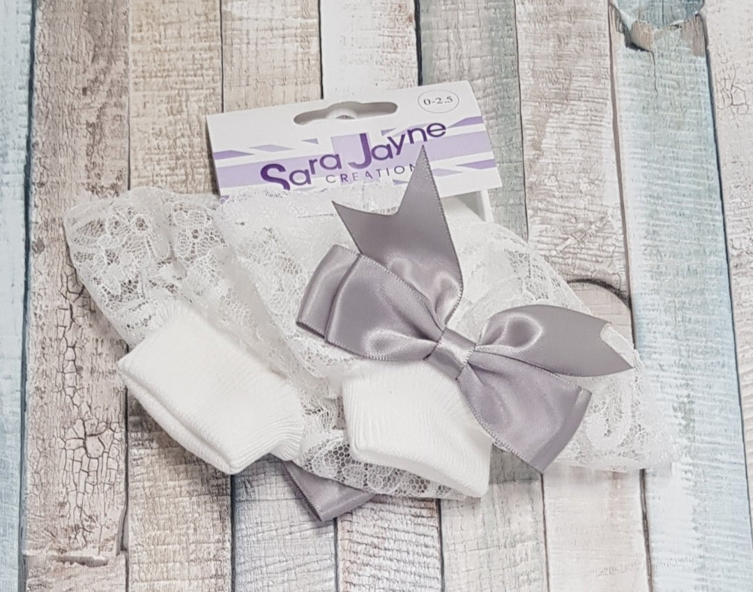 Baby Girls White Frilly Lace Ankle Socks With Silver Ribbon - Nana B Baby & Childrenswear Boutique