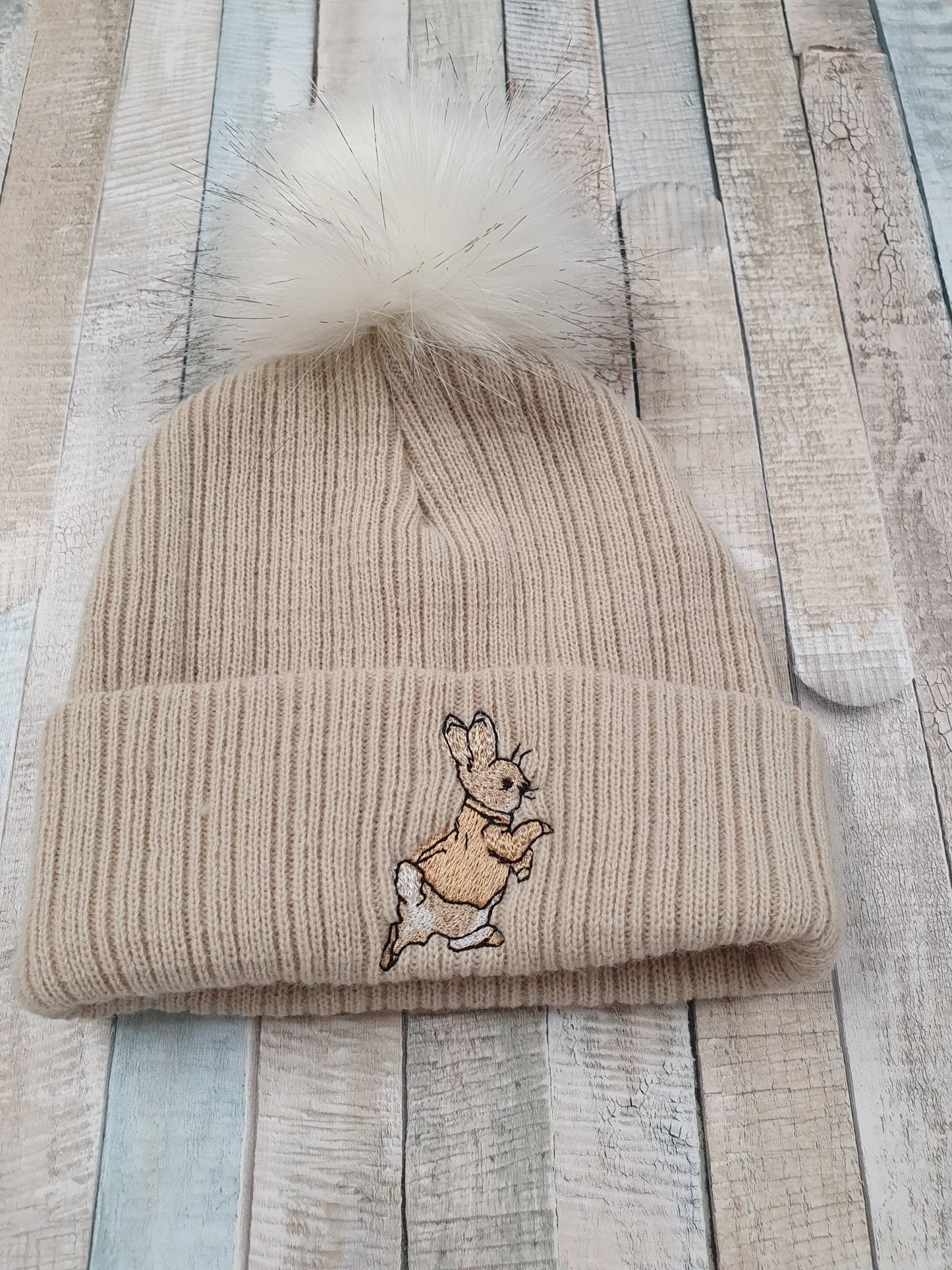 Baby Unisex Knitted Beige Single Fluffy Pom Rabbit Hat - Nana B Baby & Childrenswear Boutique