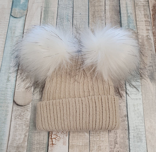 Beige Knitted Double Faux Fur Fluffy Pom Pom Hat - Nana B Baby & Childrenswear Boutique