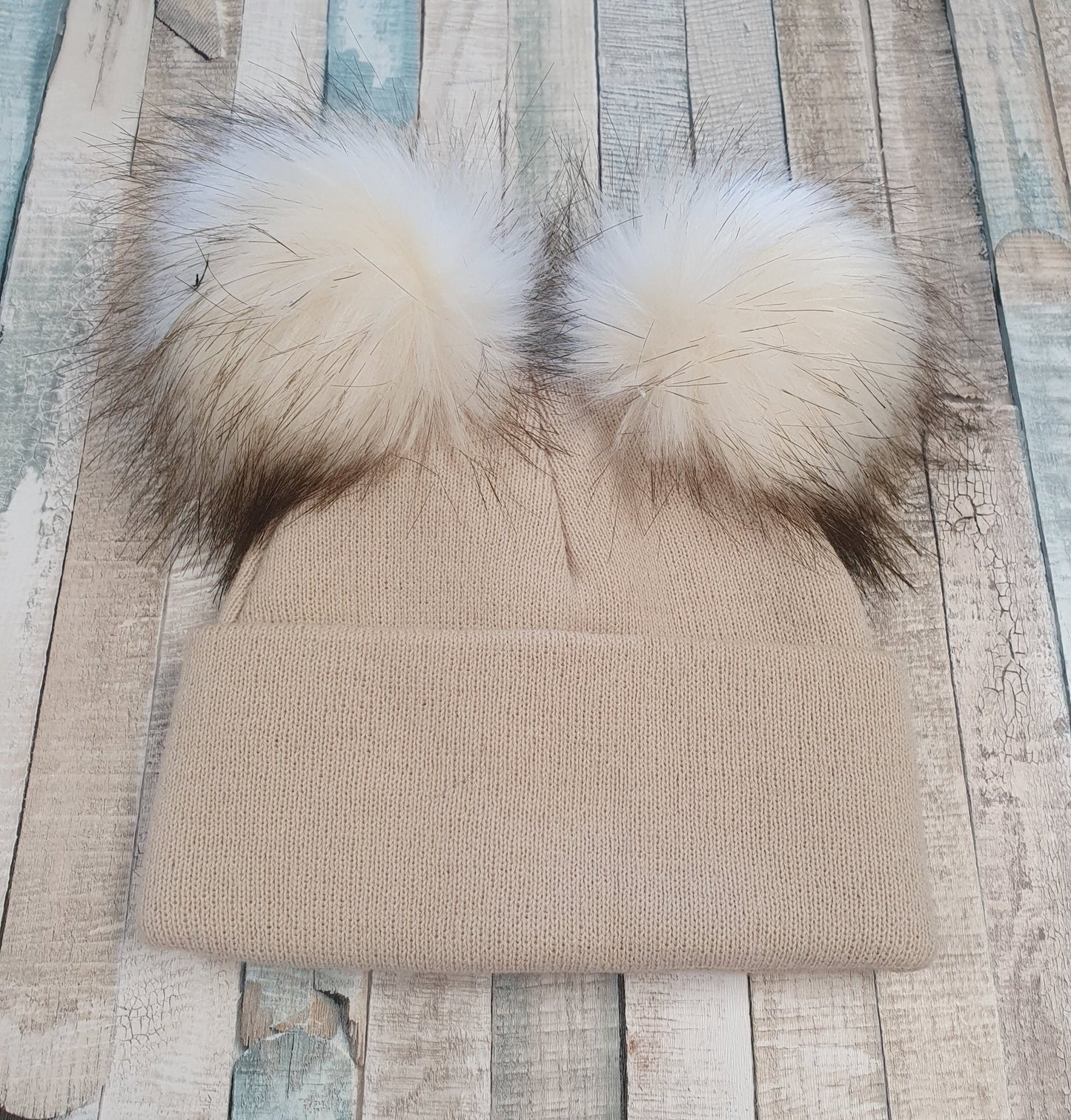 Beige Knitted Double Faux Fur Fluffy Pom Pom Hat - Nana B Baby & Childrenswear Boutique