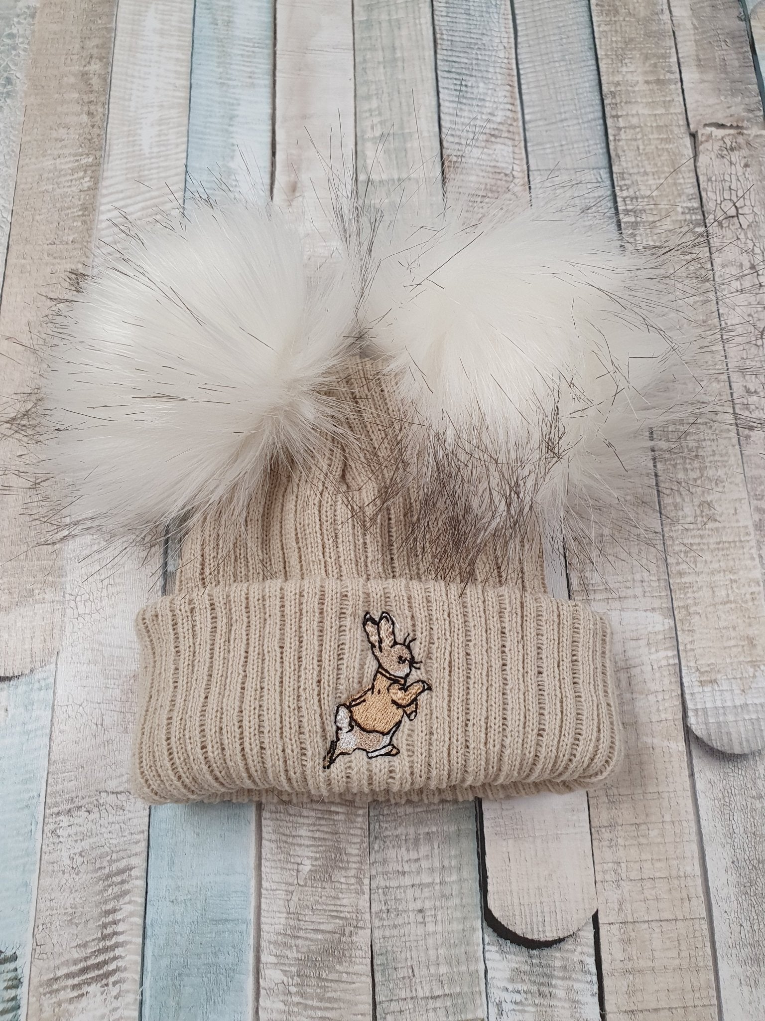 Beige Knitted Rabbit Hat With Double Faux Fur Fluffy Pom Nana B Baby Childrenswear Boutique