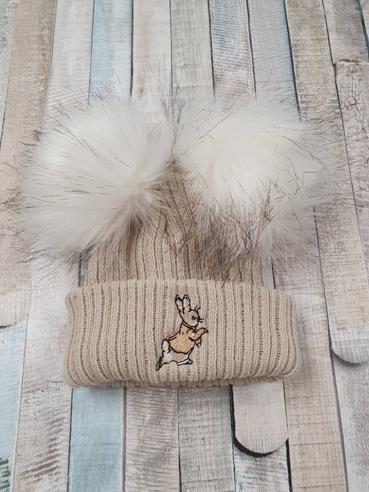 Beige Knitted Rabbit Hat With Double Faux Fur Fluffy Pom - Nana B Baby & Childrenswear Boutique