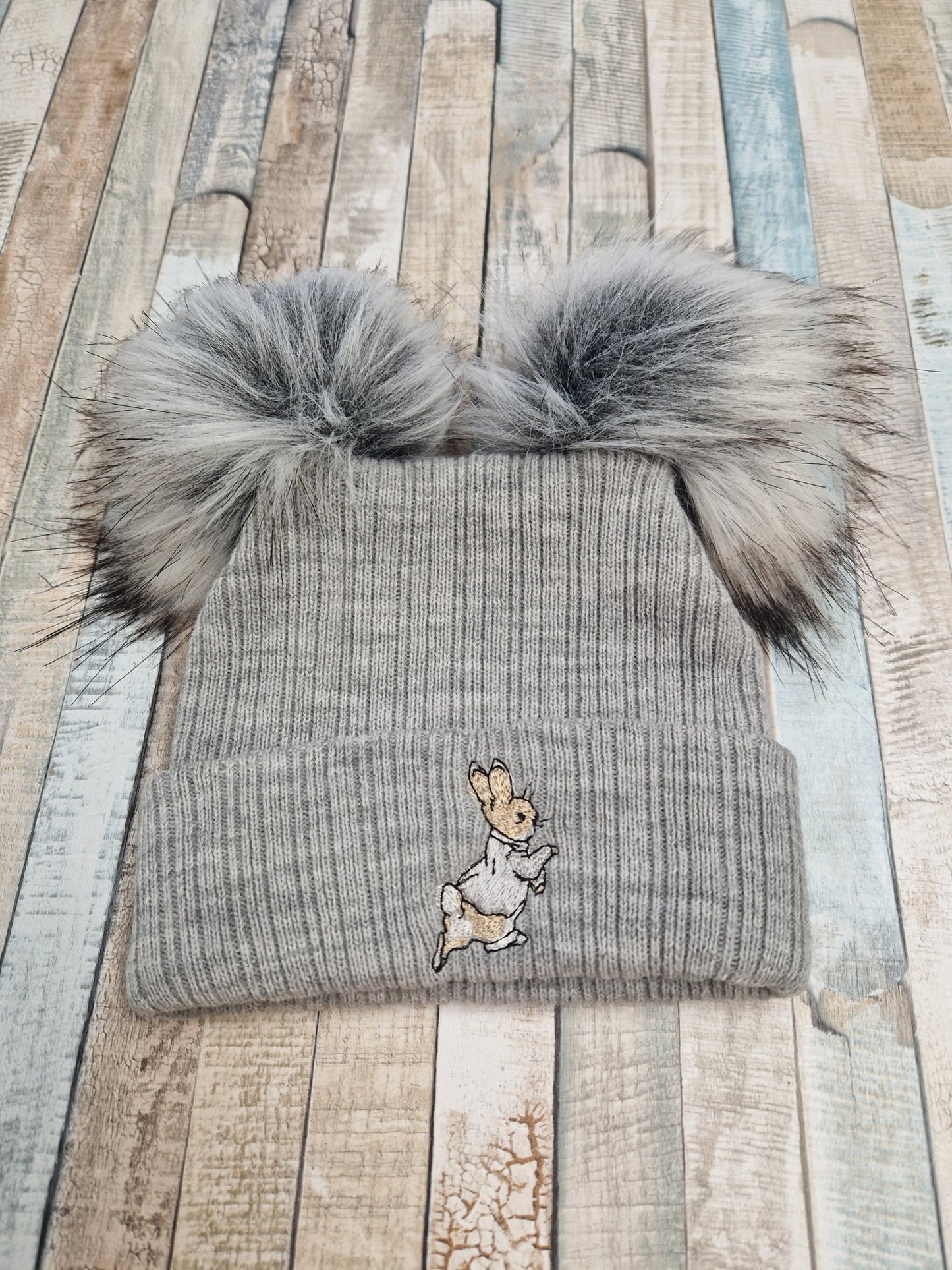 Grey Knitted Double Grey Pom Hat With A Grey Rabbit - Nana B Baby & Childrenswear Boutique
