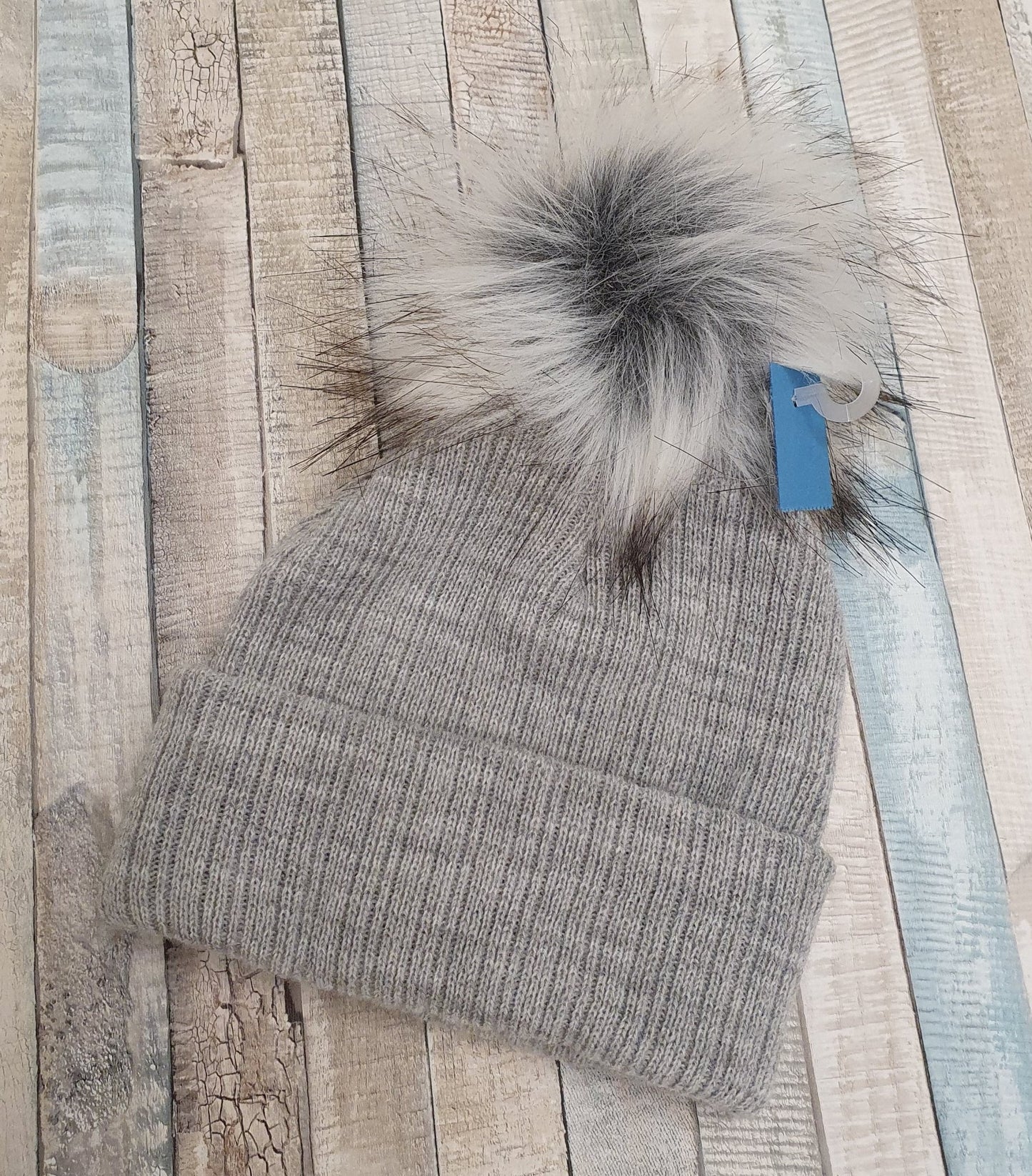 Grey Single Faux Fluffy Fur Pom Pom Hat - Nana B Baby & Childrenswear Boutique
