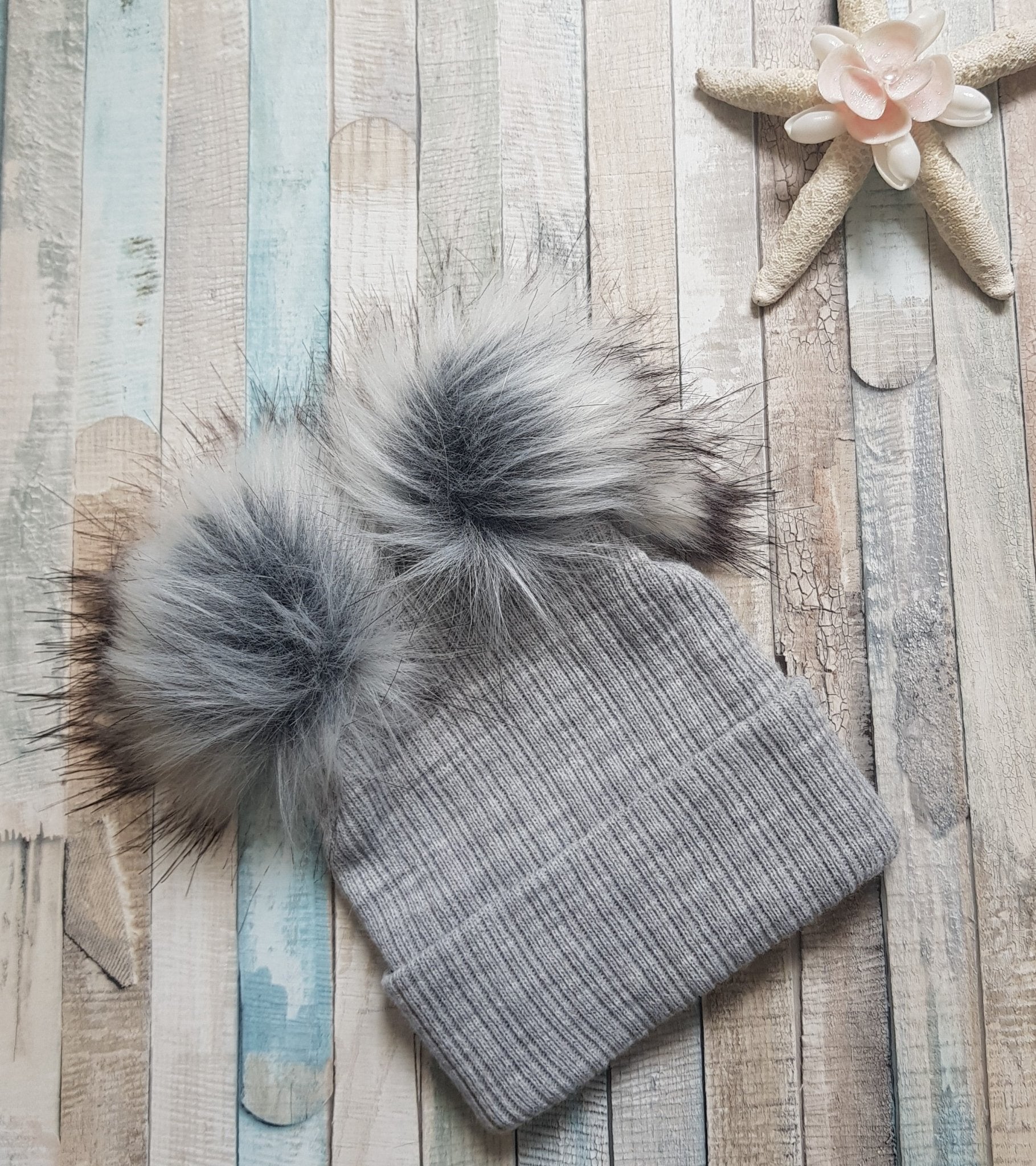 Baby Knitted Grey Double Fluffy Faux Fur Pom Pom Hat