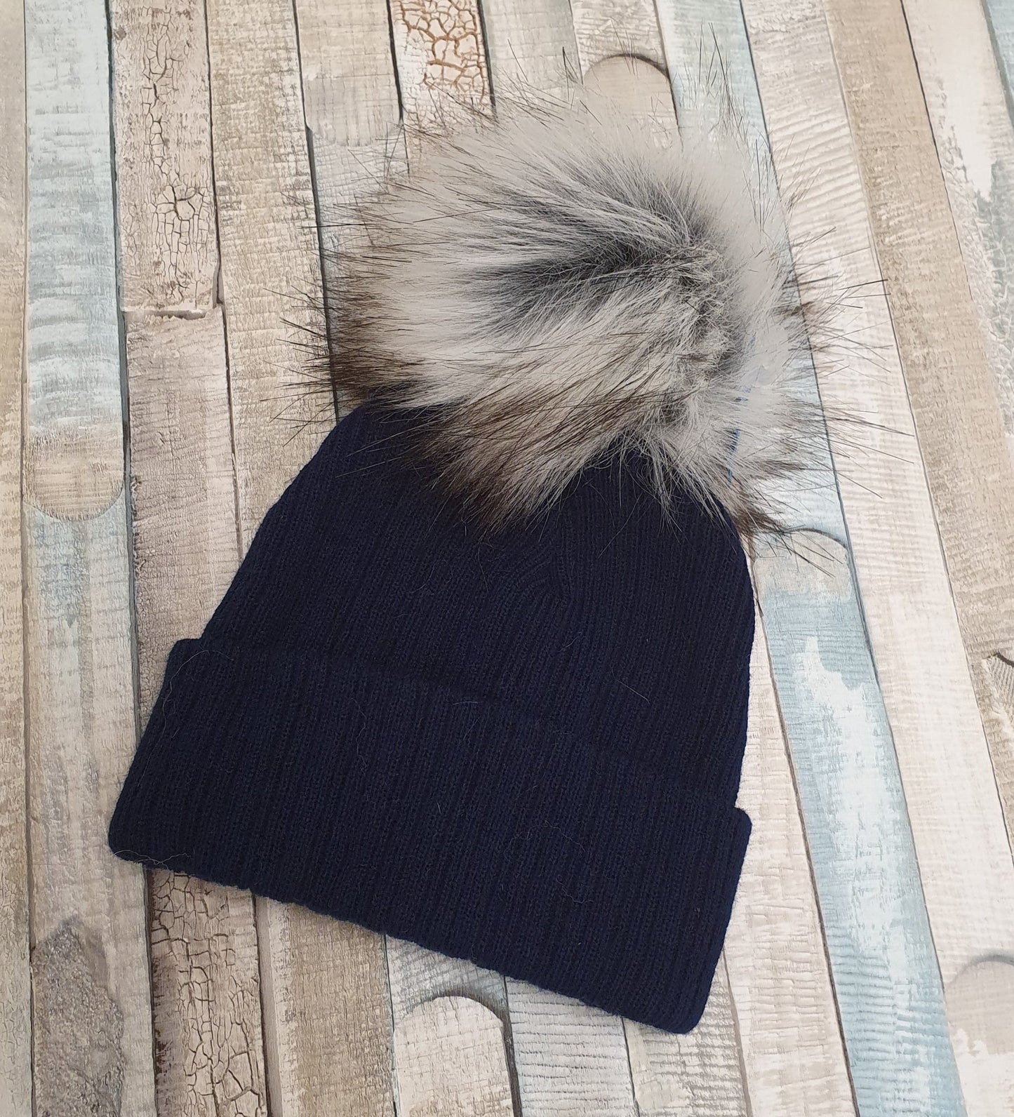Knitted Navy Single Fluffy Faux Fur Pom Hat - Nana B Baby & Childrenswear Boutique