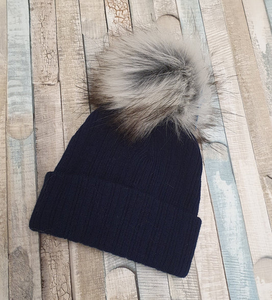 Knitted Navy Single Fluffy Faux Fur Pom Hat - Nana B Baby & Childrenswear Boutique