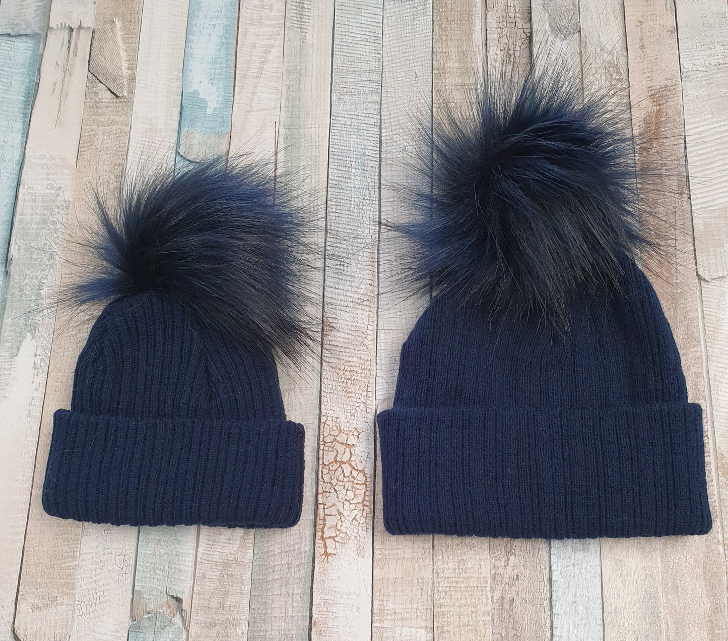 Knitted Navy Single Navy Fluffy Faux Fur Pom Hat - Nana B Baby & Childrenswear Boutique