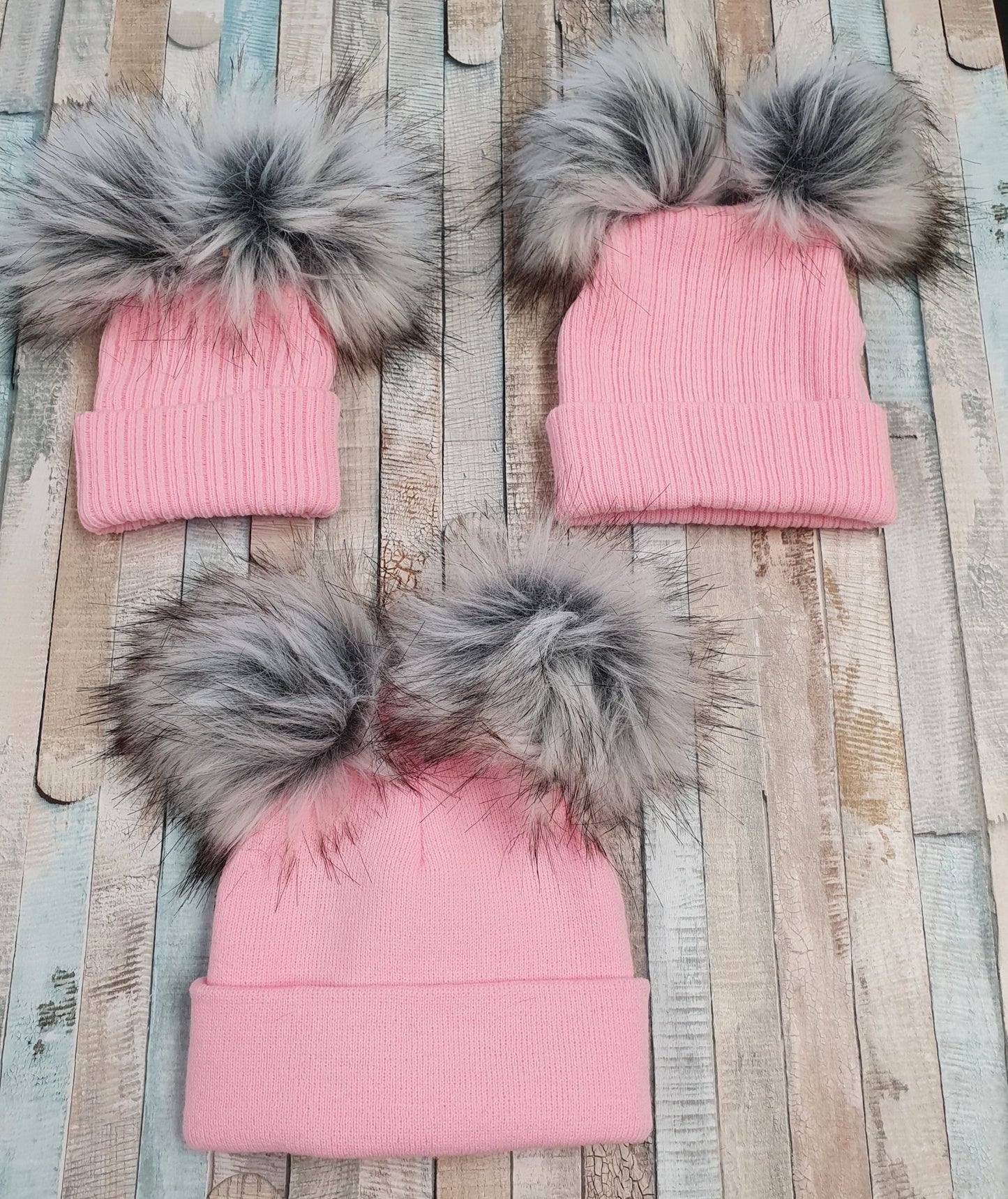 Knitted Pink Double Grey Fluffy Faux Fur Pom Pom Hat - Nana B Baby & Childrenswear Boutique